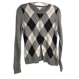 New York &‎ Company Cardigan Sweater Women Sz S Gray Black Argyle Gems